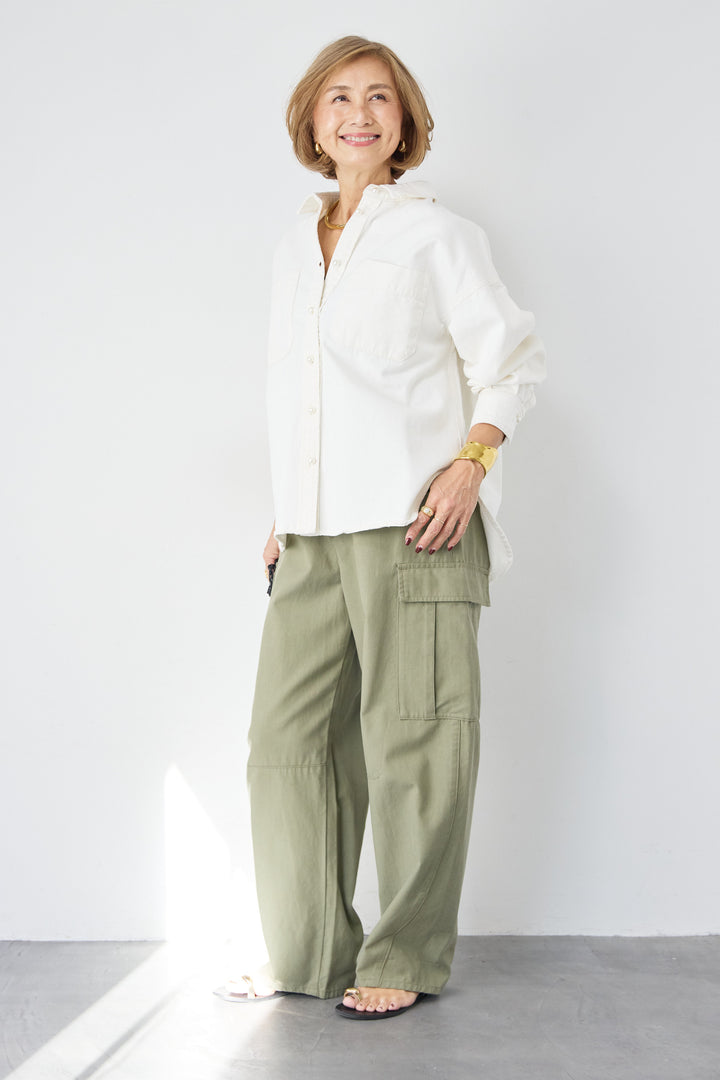 [SET]パールボタンデニムシャツ+テンセルカーゴパンツ(2set)