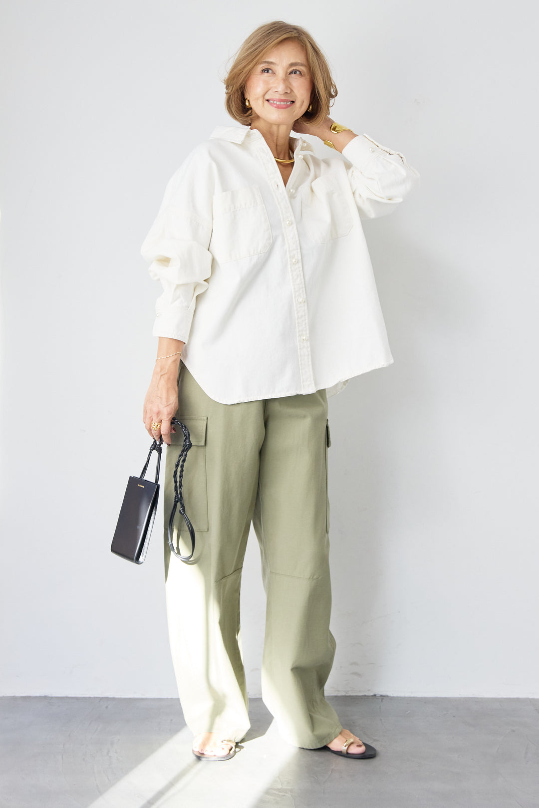 [SET]パールボタンデニムシャツ+テンセルカーゴパンツ(2set)