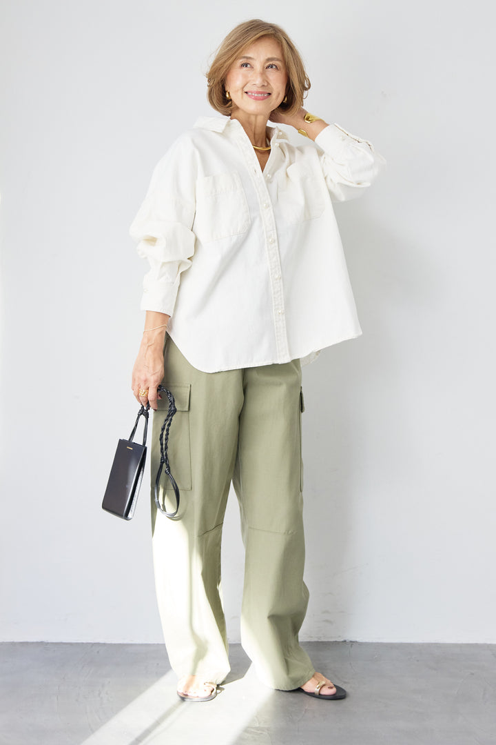 [SET]パールボタンデニムシャツ+テンセルカーゴパンツ(2set)