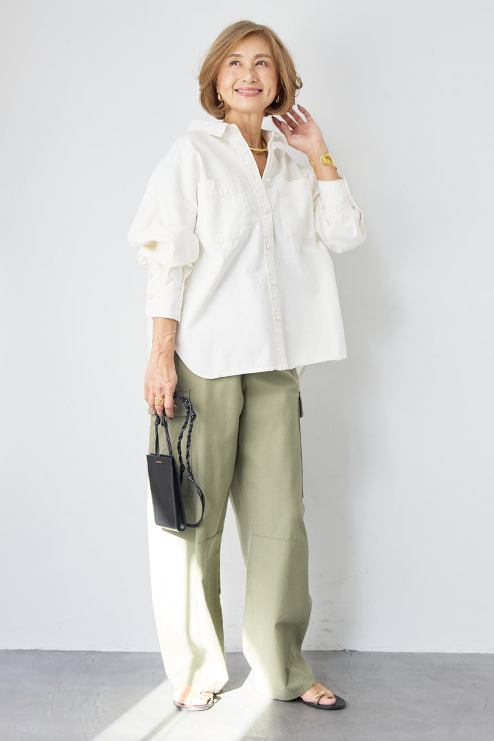 [SET]パールボタンデニムシャツ+テンセルカーゴパンツ(2set)