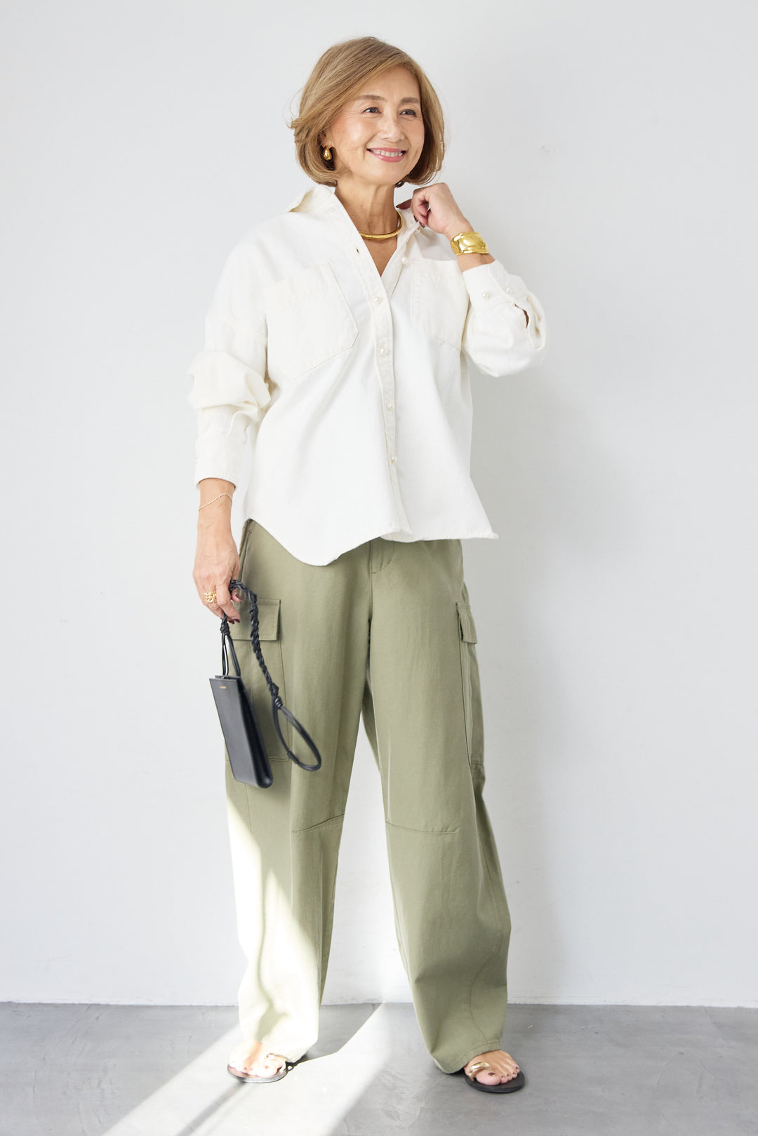 [SET]パールボタンデニムシャツ+テンセルカーゴパンツ(2set)