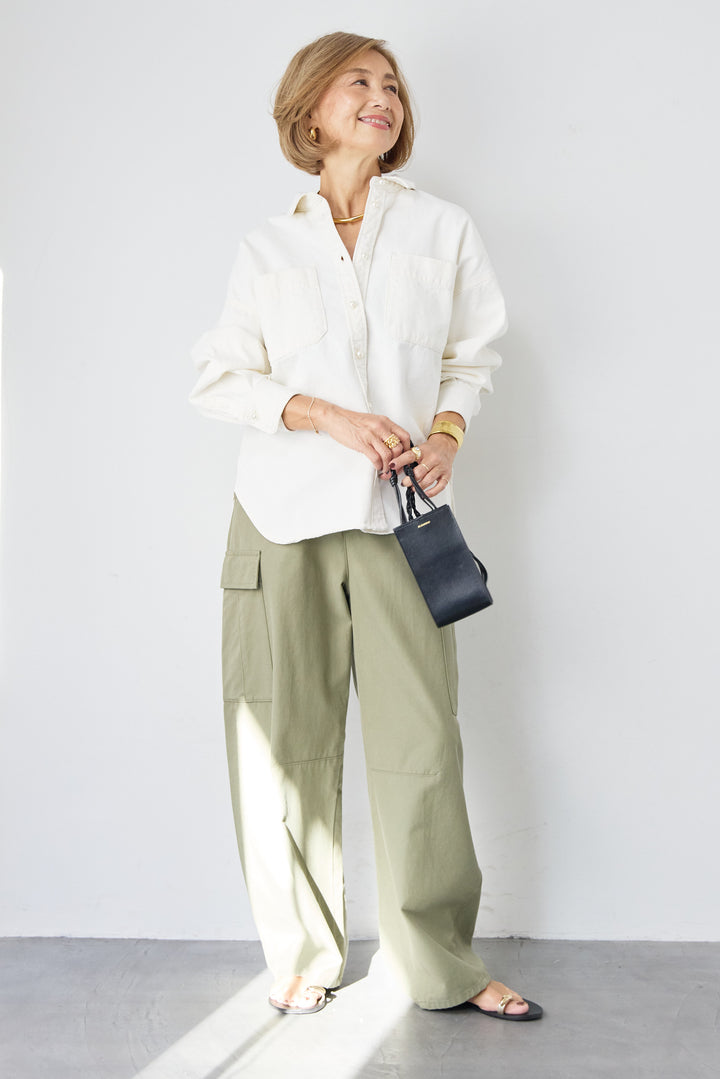 [SET]パールボタンデニムシャツ+テンセルカーゴパンツ(2set)