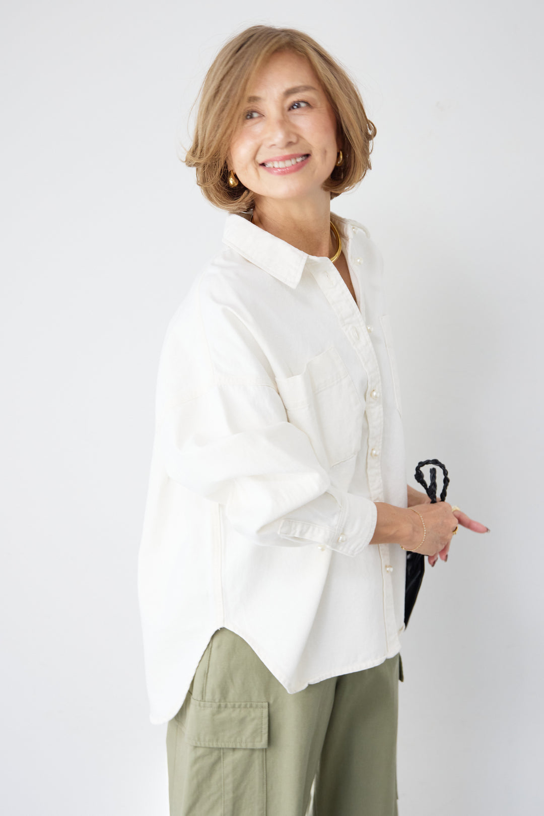 [SET]パールボタンデニムシャツ+テンセルカーゴパンツ(2set)