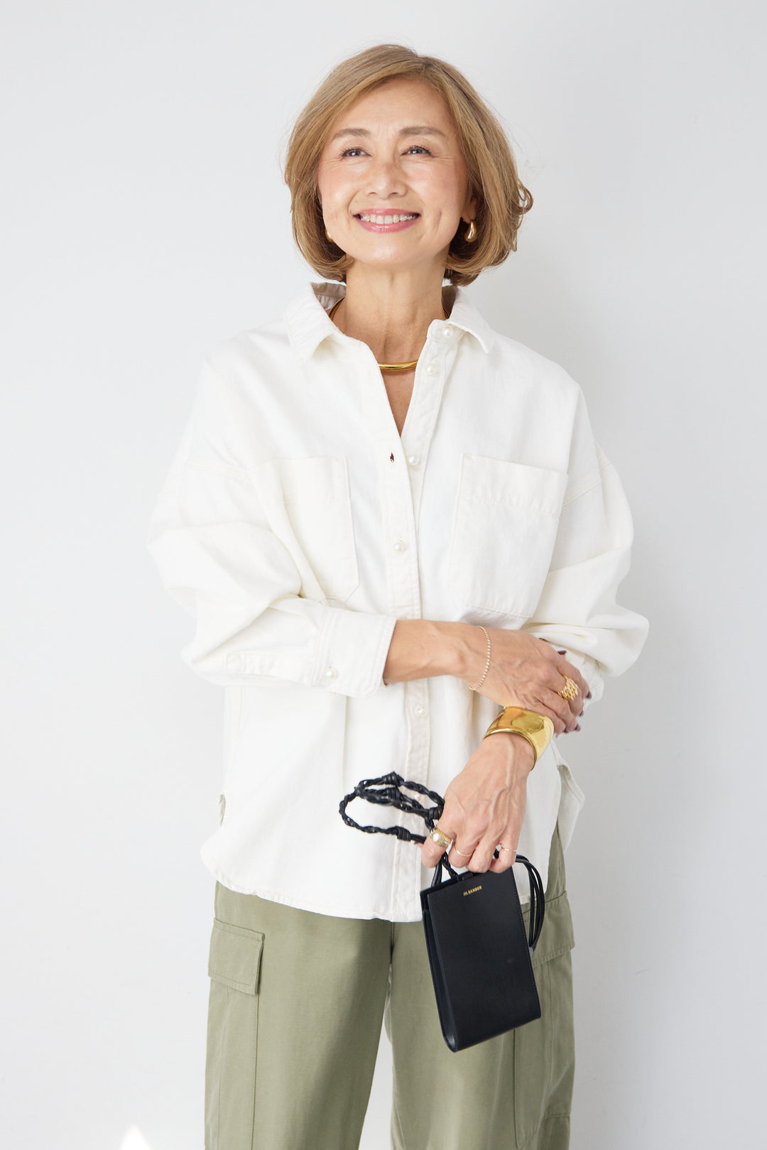 [SET]パールボタンデニムシャツ+テンセルカーゴパンツ(2set)