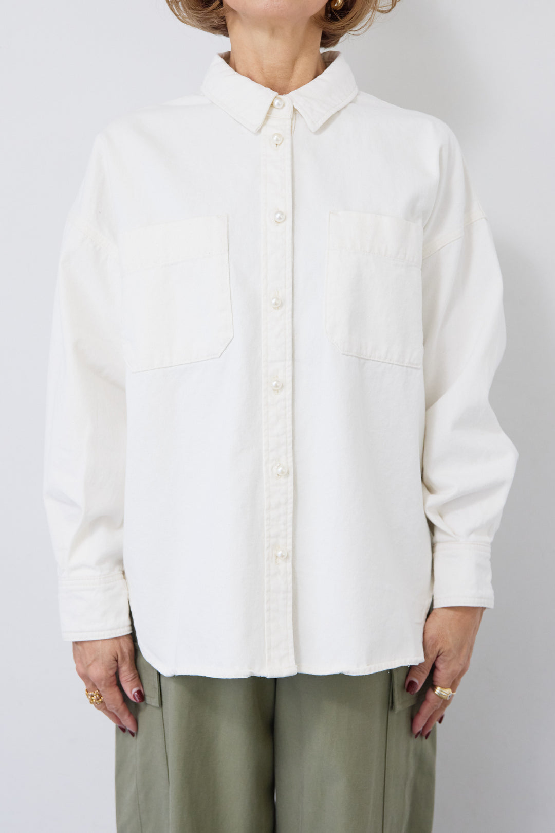 [SET]パールボタンデニムシャツ+テンセルカーゴパンツ(2set)