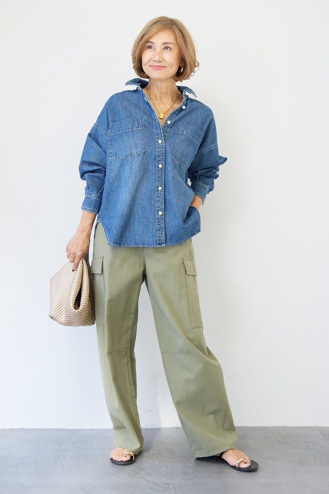 [SET]パールボタンデニムシャツ+テンセルカーゴパンツ(2set)