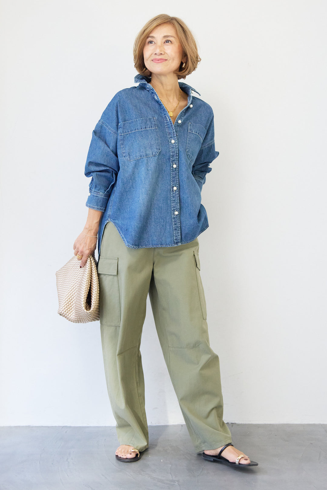 [SET]パールボタンデニムシャツ+テンセルカーゴパンツ(2set)