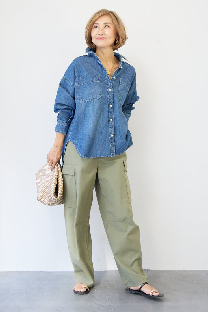 [SET]パールボタンデニムシャツ+テンセルカーゴパンツ(2set)