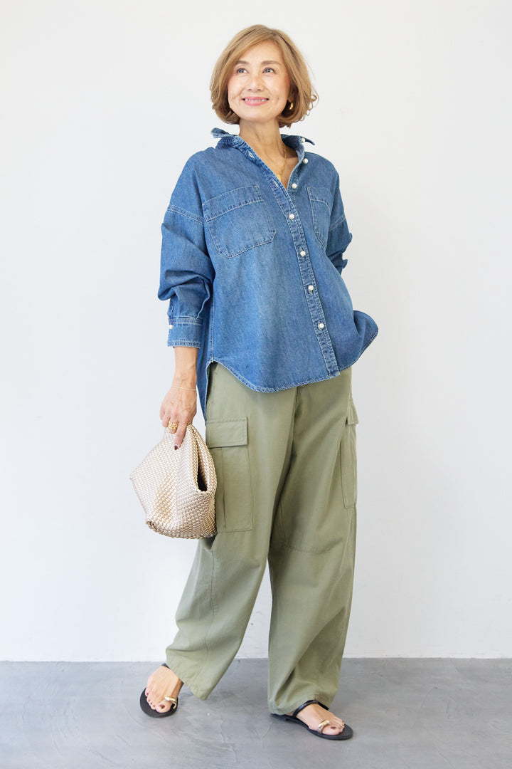 [SET]パールボタンデニムシャツ+テンセルカーゴパンツ(2set)