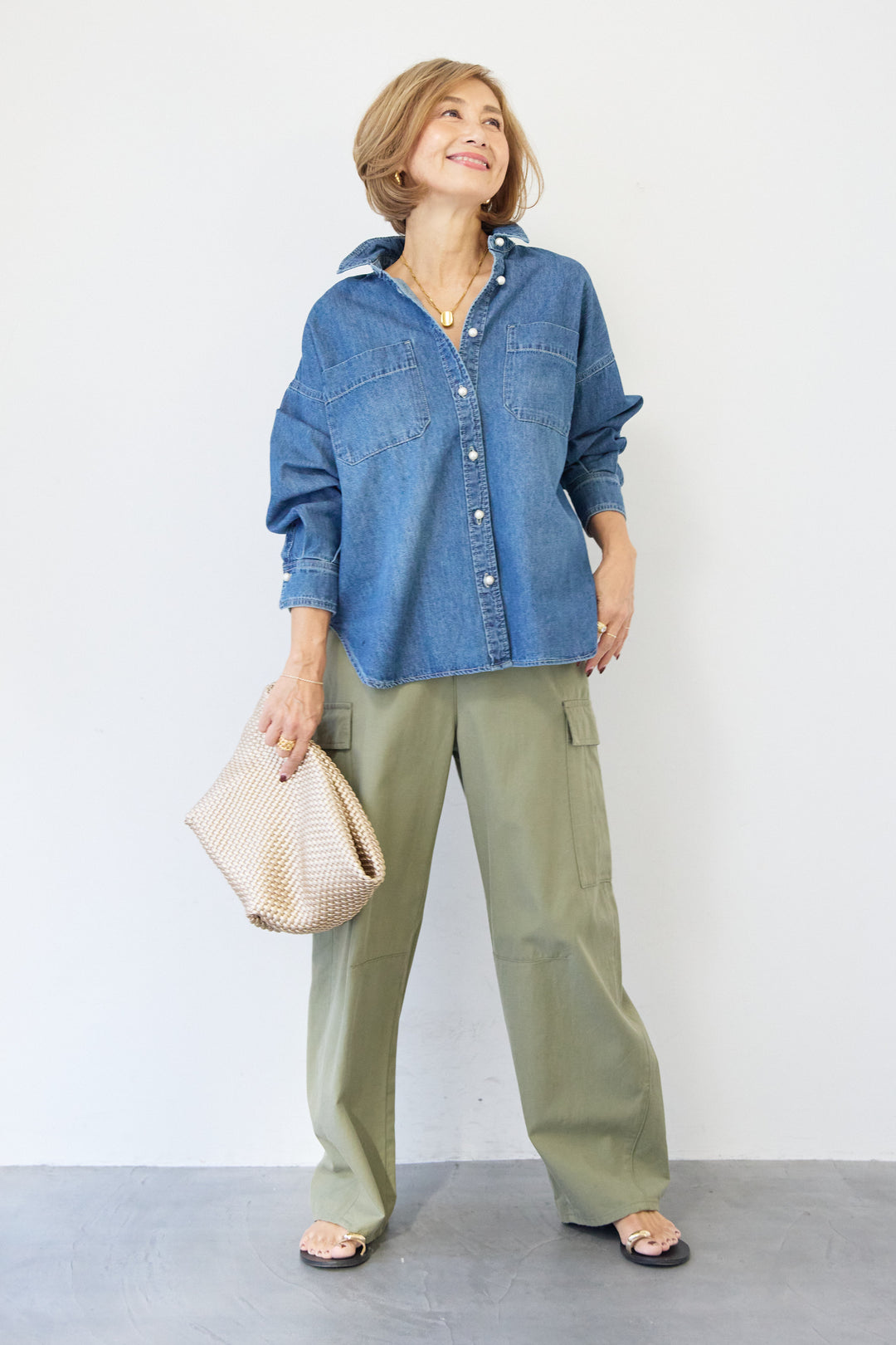 [SET]パールボタンデニムシャツ+テンセルカーゴパンツ(2set)