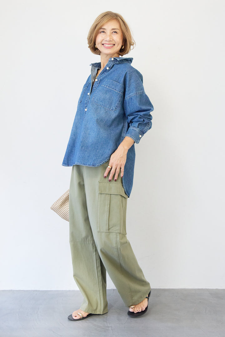 [SET]パールボタンデニムシャツ+テンセルカーゴパンツ(2set)