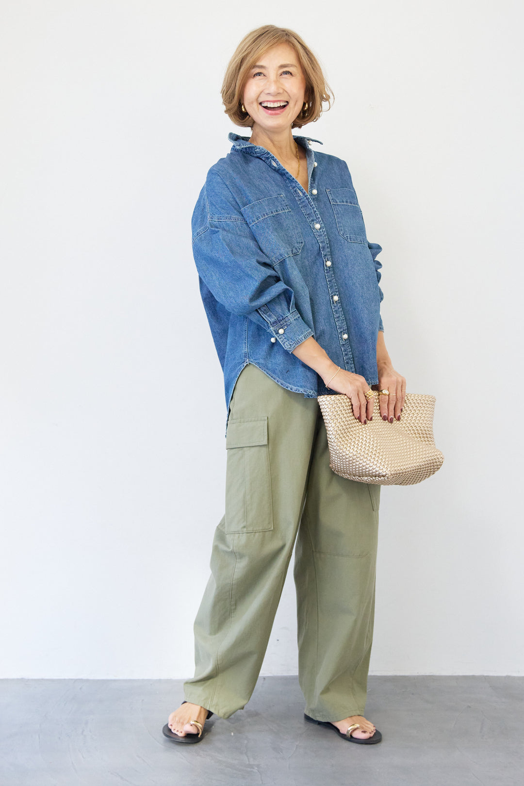 [SET]パールボタンデニムシャツ+テンセルカーゴパンツ(2set)