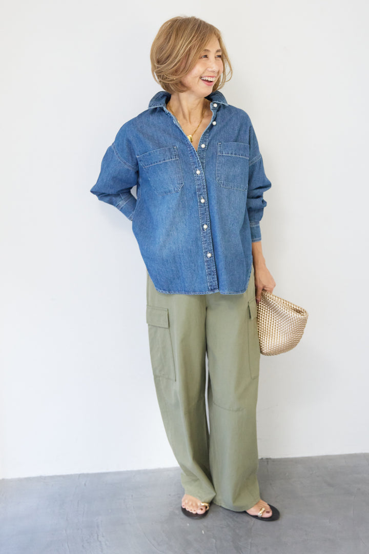 [SET]パールボタンデニムシャツ+テンセルカーゴパンツ(2set)