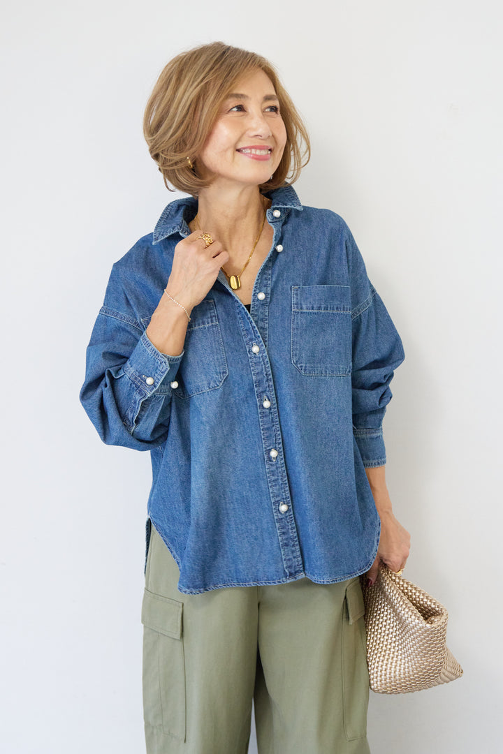 [SET]パールボタンデニムシャツ+テンセルカーゴパンツ(2set)