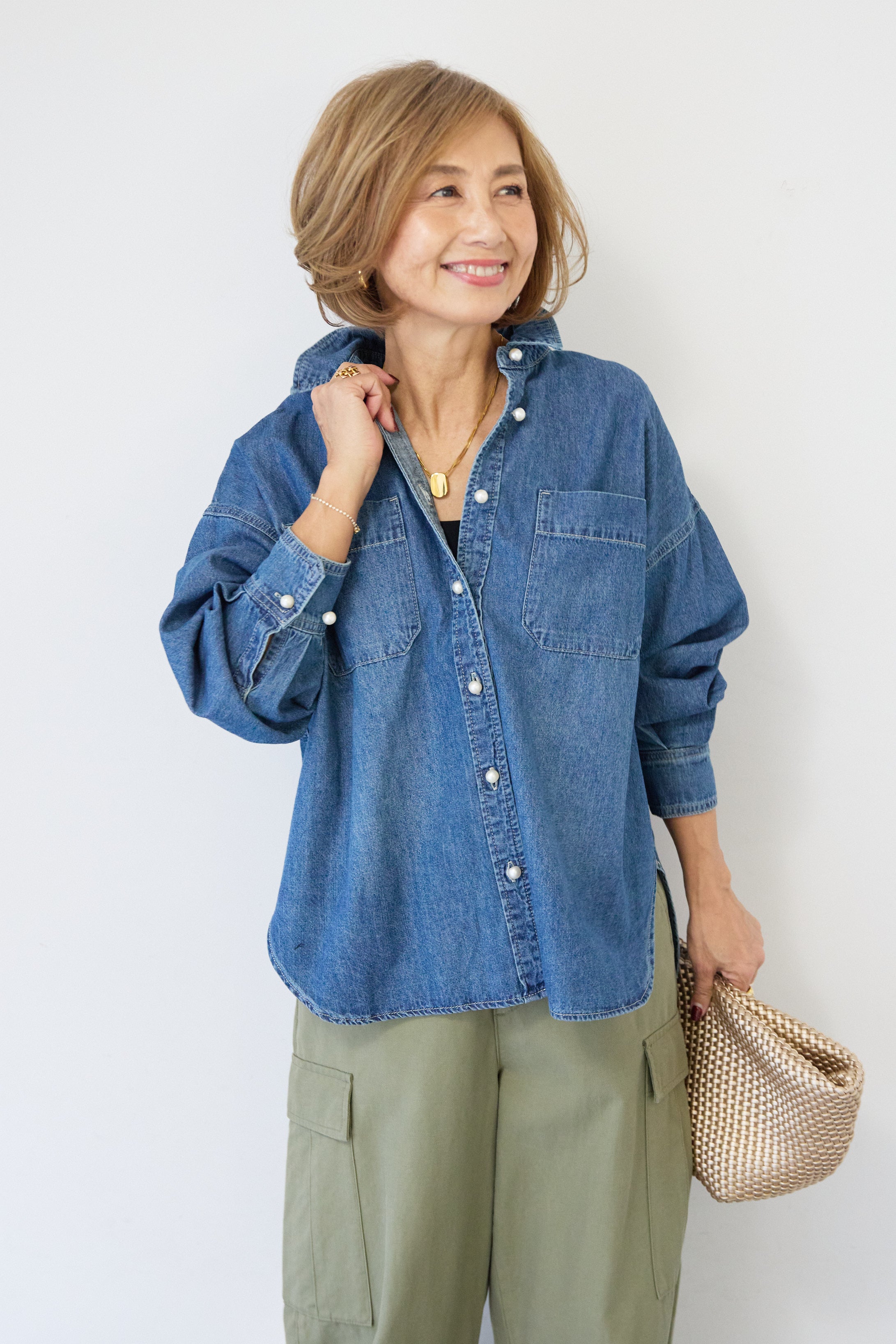 SET]パールボタンデニムシャツ+テンセルカーゴパンツ(2set) – plusotoha