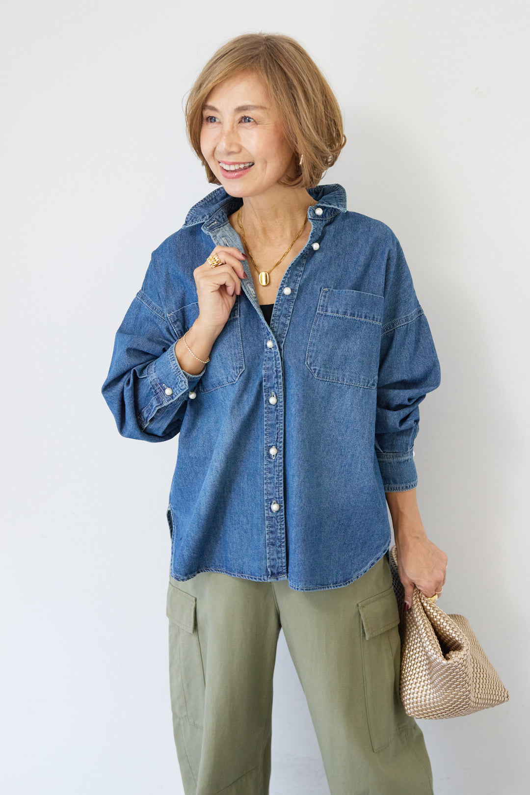 [SET]パールボタンデニムシャツ+テンセルカーゴパンツ(2set)