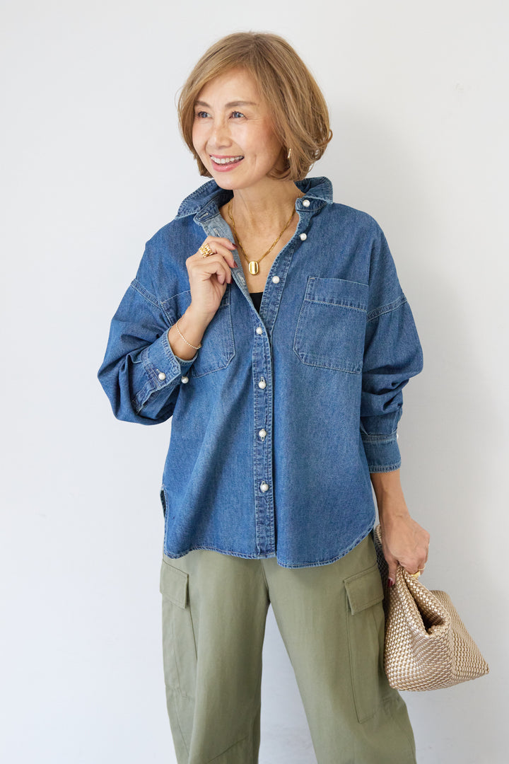 [SET]パールボタンデニムシャツ+テンセルカーゴパンツ(2set)