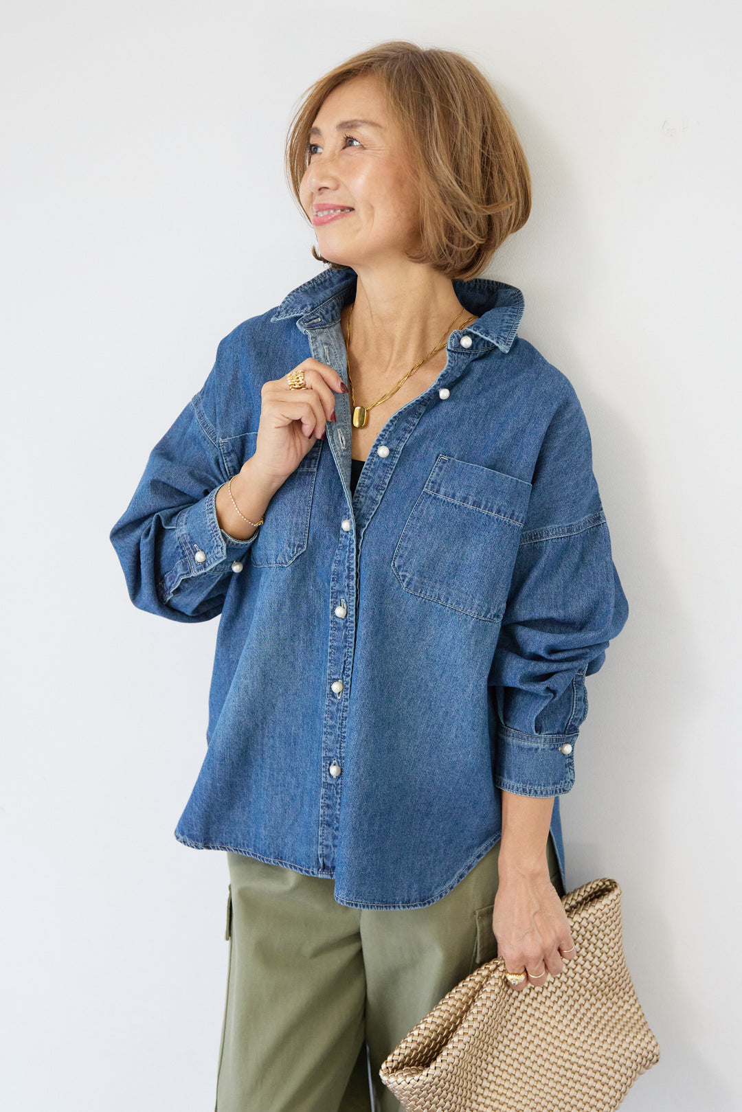 [SET]パールボタンデニムシャツ+テンセルカーゴパンツ(2set)