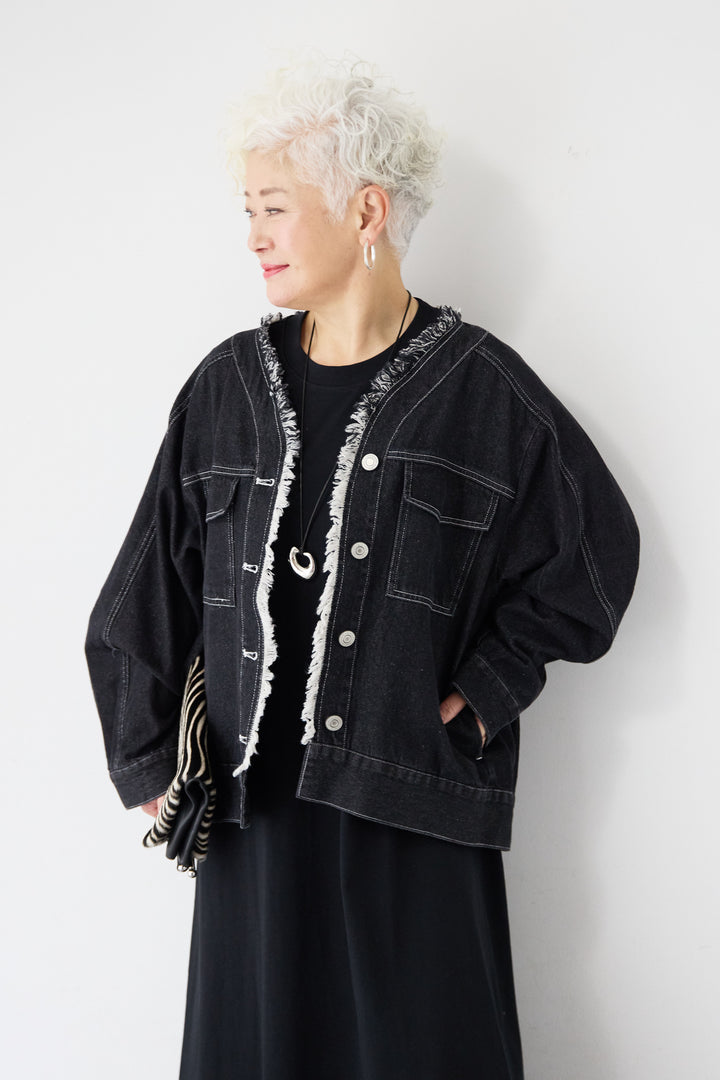 [SET]フリンジデニムジャケット+フレンチスリーブTワンピース(2set)