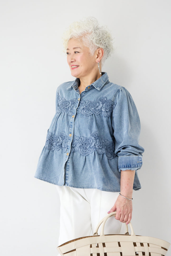 [SET]レースティアードデニムシャツ+ライトダンボールジョガーパンツ(2set)