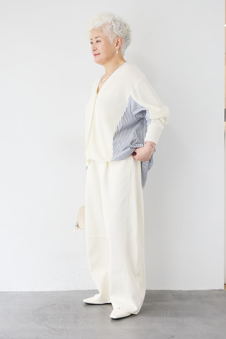 [SET]ストライプシャツコンビカーディガン+スウェットカーブスラックスパンツ(2set)