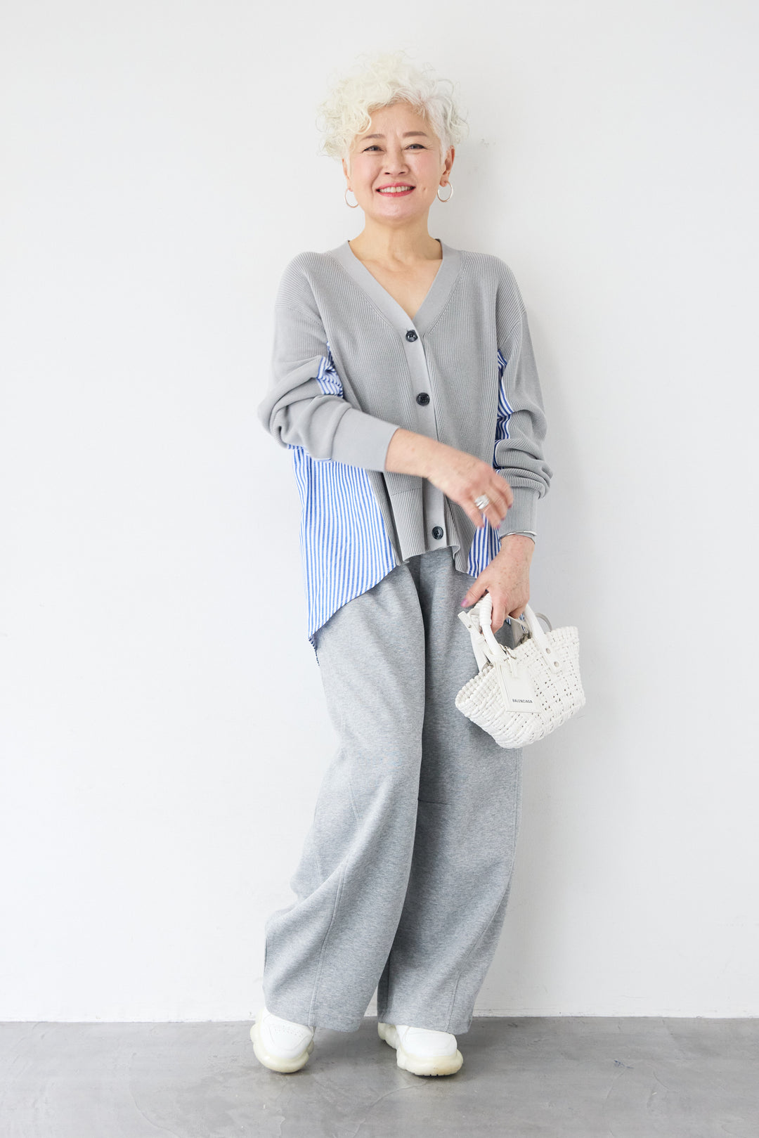 [SET]ストライプシャツコンビカーディガン+スウェットカーブスラックスパンツ(2set)