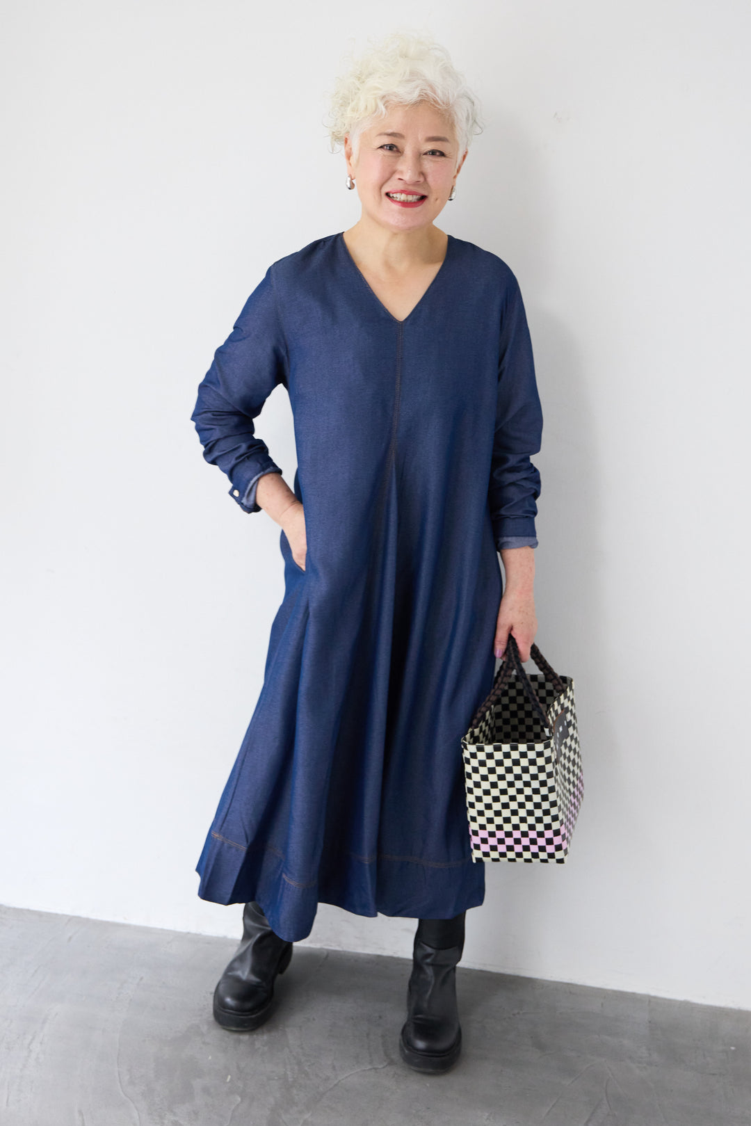 ソフトデニムステッチワンピース