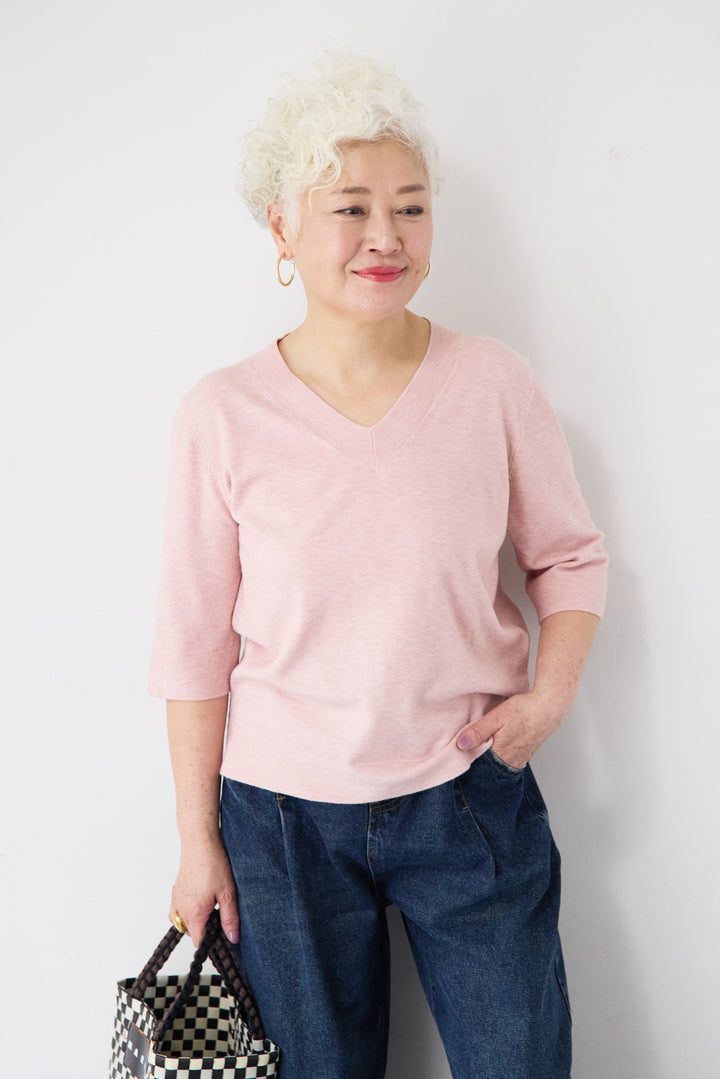 Vネック5分袖ニット