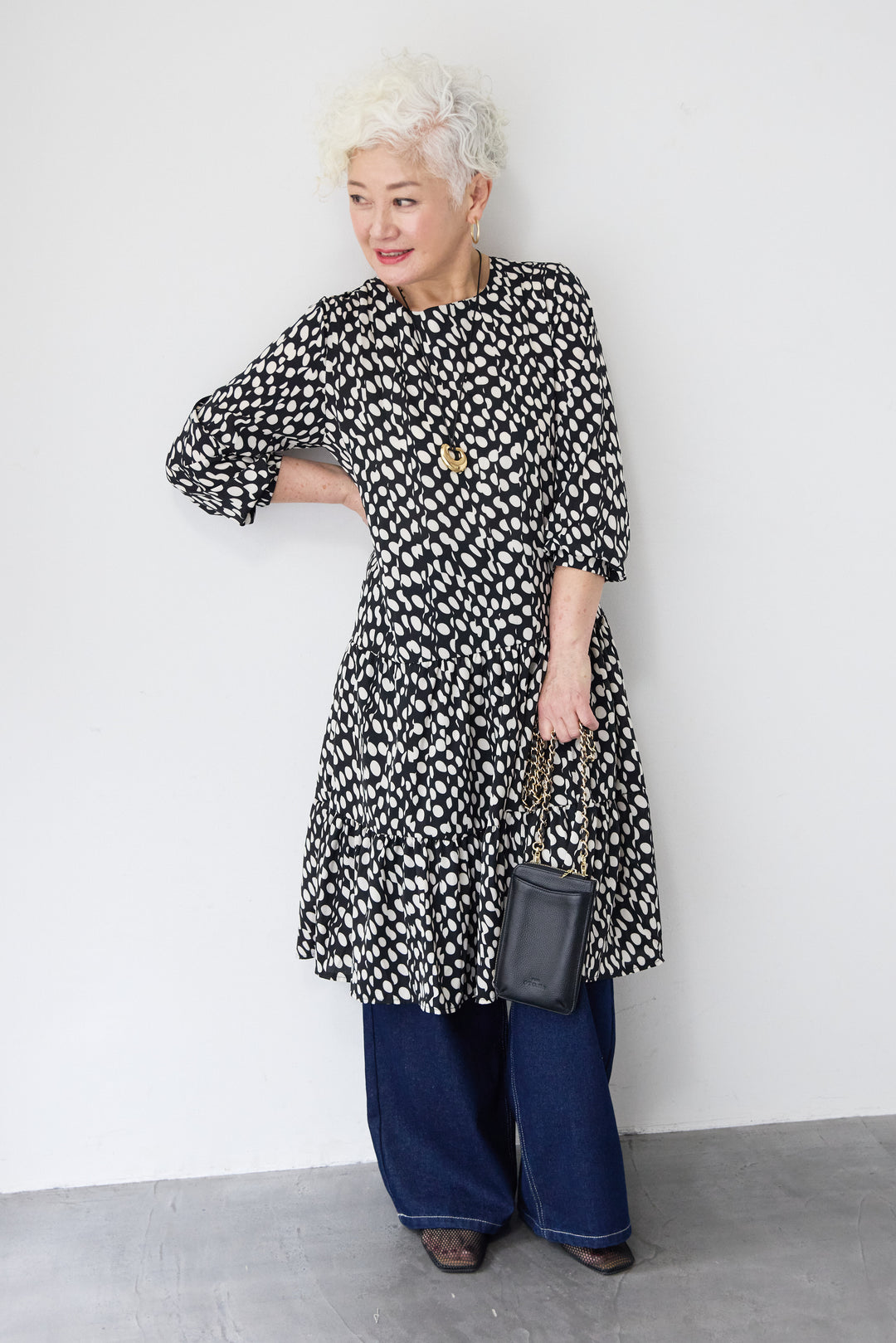 ドット柄ティアードワンピース