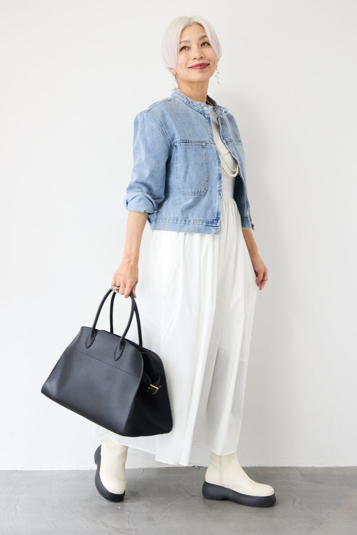 [SET]デニムシングルライダース+布帛ドッキングノースリーブワンピース(2set)