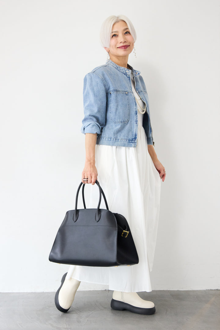 [SET]デニムシングルライダース+布帛ドッキングノースリーブワンピース(2set)