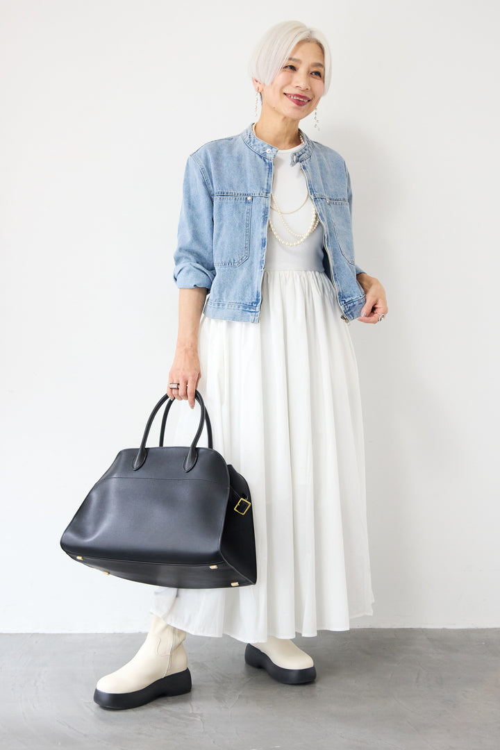 [SET]デニムシングルライダース+布帛ドッキングノースリーブワンピース(2set)