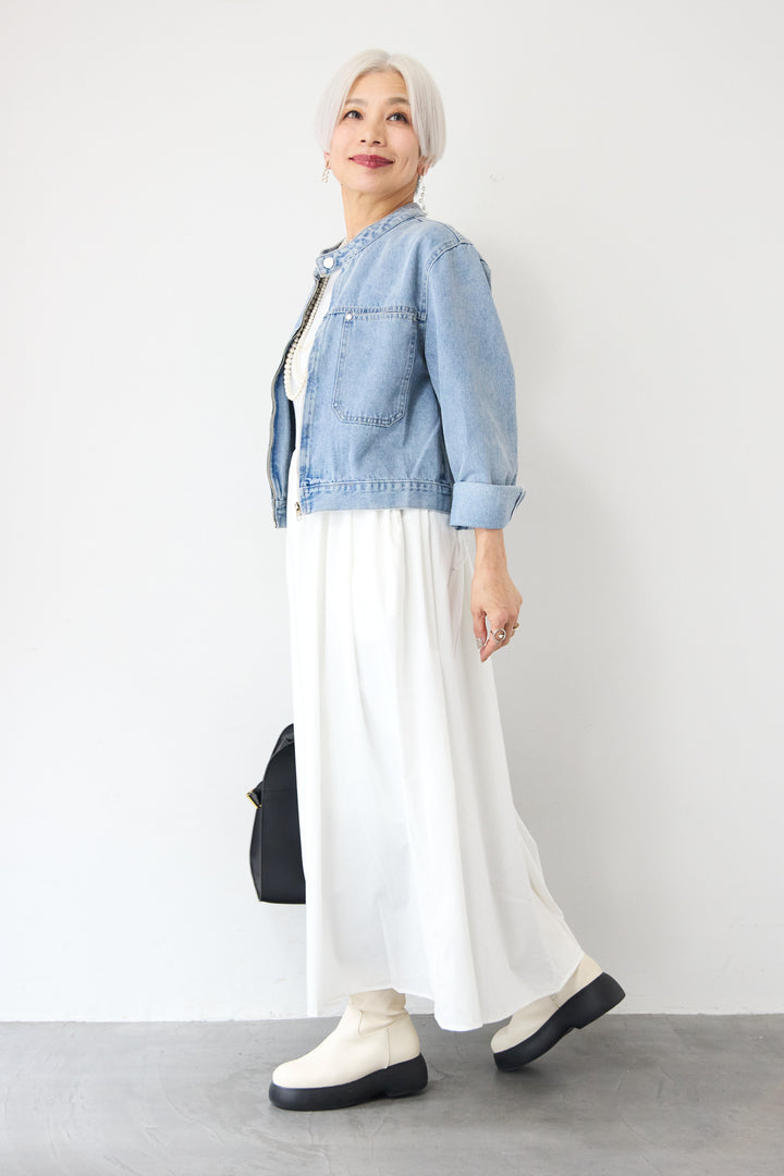 [SET]デニムシングルライダース+布帛ドッキングノースリーブワンピース(2set)