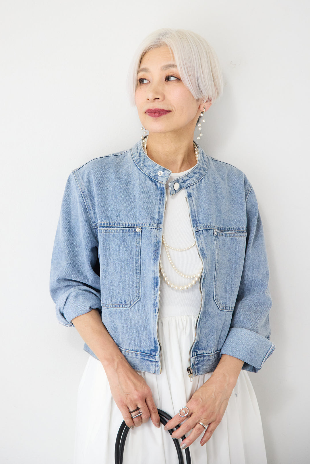 [SET]デニムシングルライダース+布帛ドッキングノースリーブワンピース(2set)