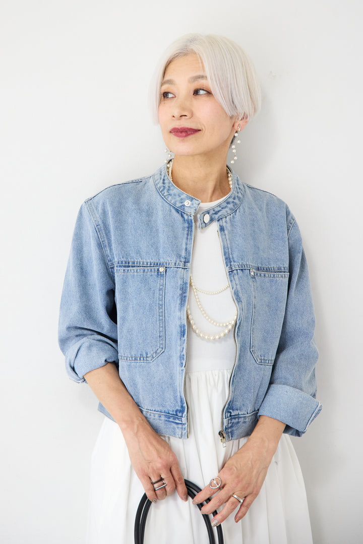 [SET]デニムシングルライダース+布帛ドッキングノースリーブワンピース(2set)