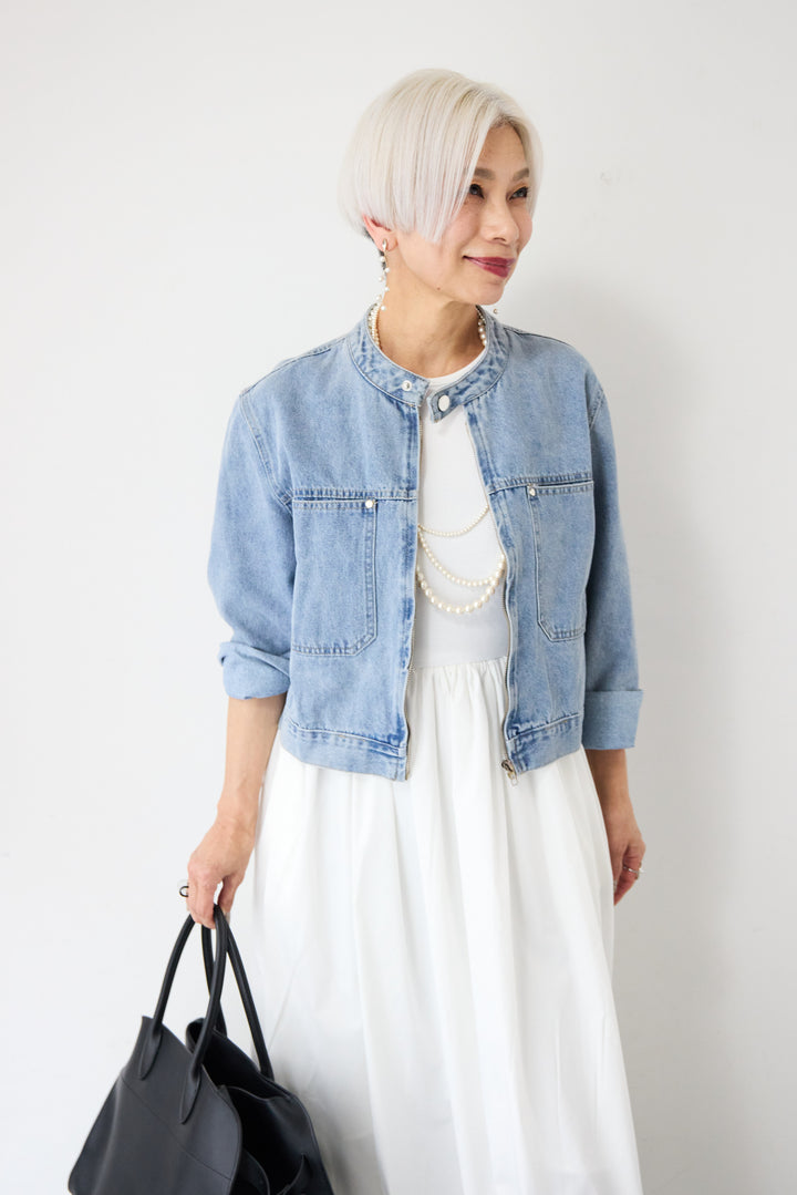 [SET]デニムシングルライダース+布帛ドッキングノースリーブワンピース(2set)