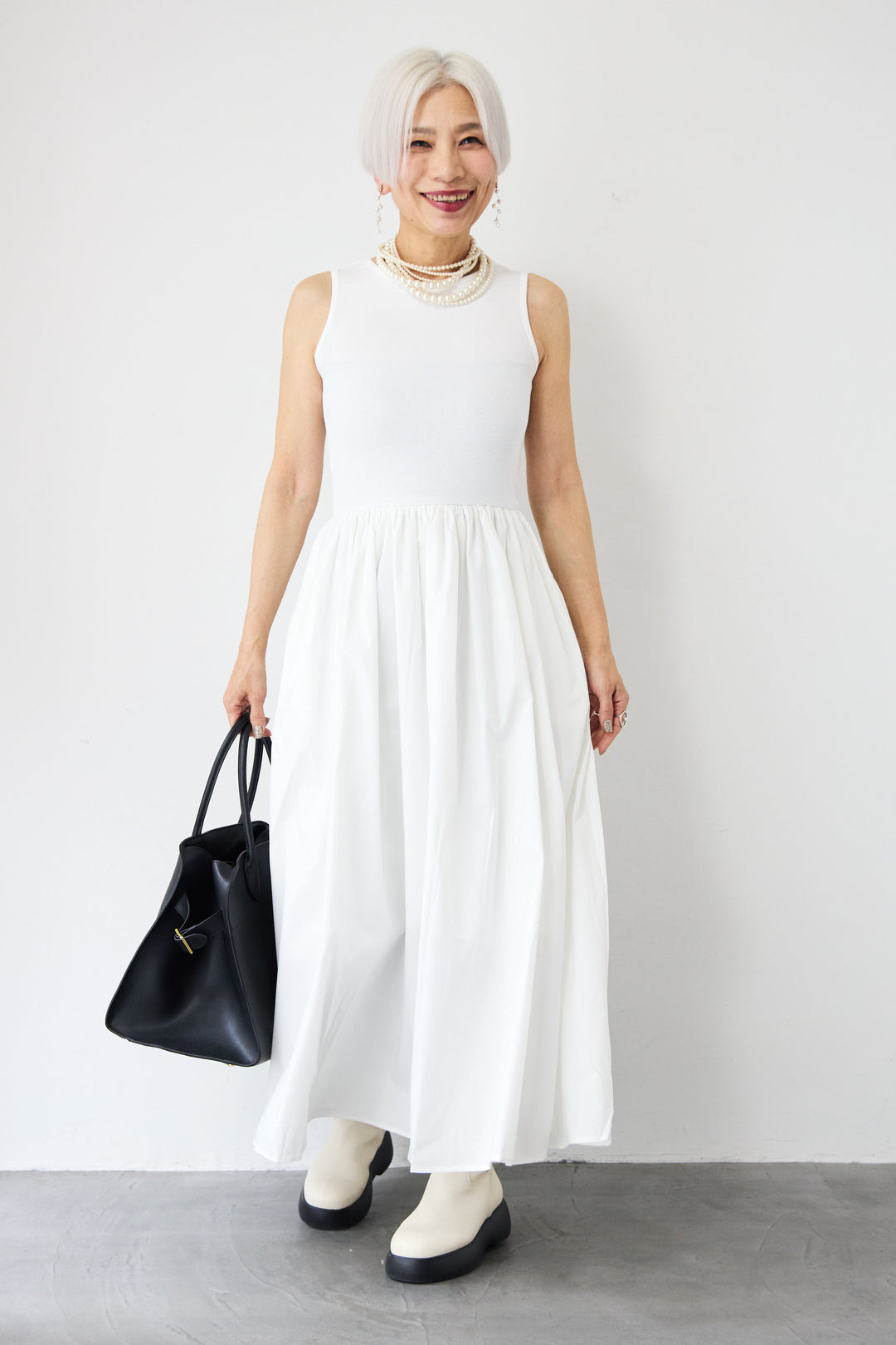 [SET]デニムシングルライダース+布帛ドッキングノースリーブワンピース(2set)