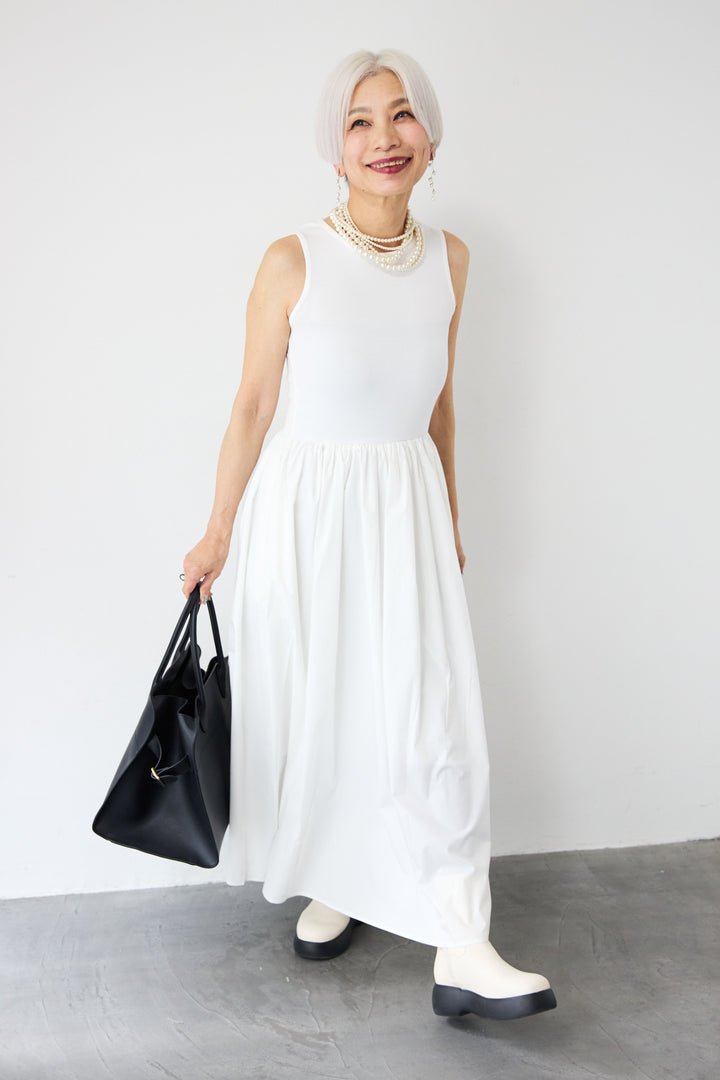 [SET]デニムシングルライダース+布帛ドッキングノースリーブワンピース(2set)