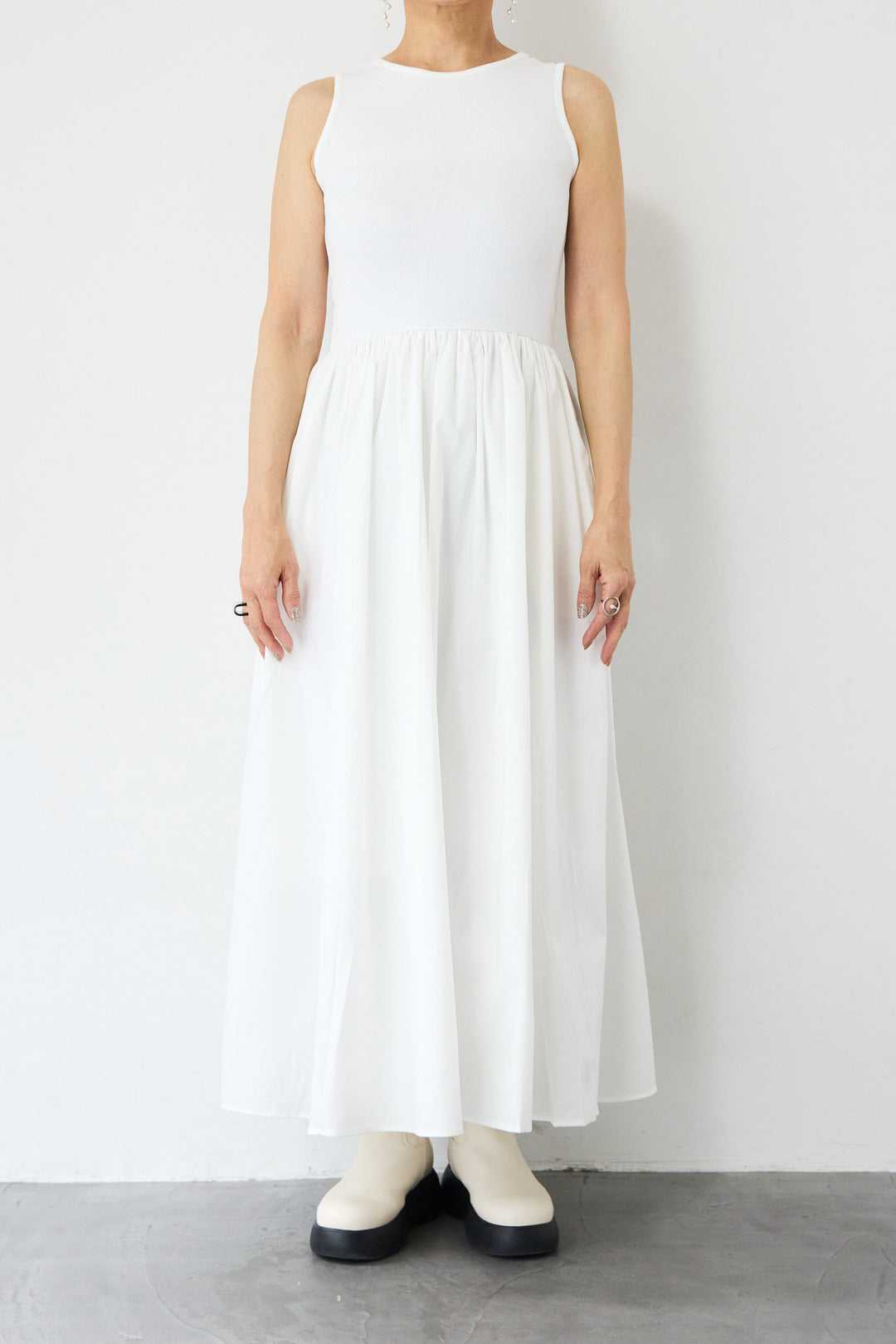 [SET]デニムシングルライダース+布帛ドッキングノースリーブワンピース(2set)