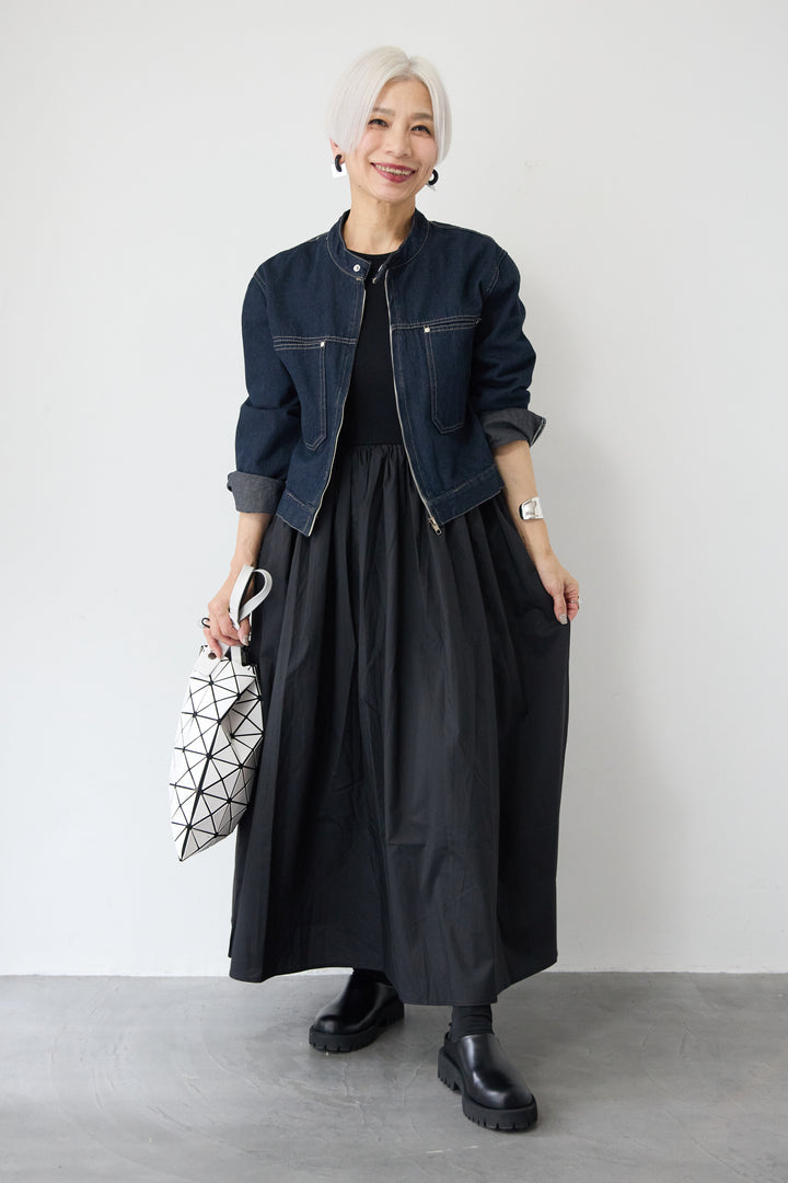 [SET]デニムシングルライダース+布帛ドッキングノースリーブワンピース(2set)