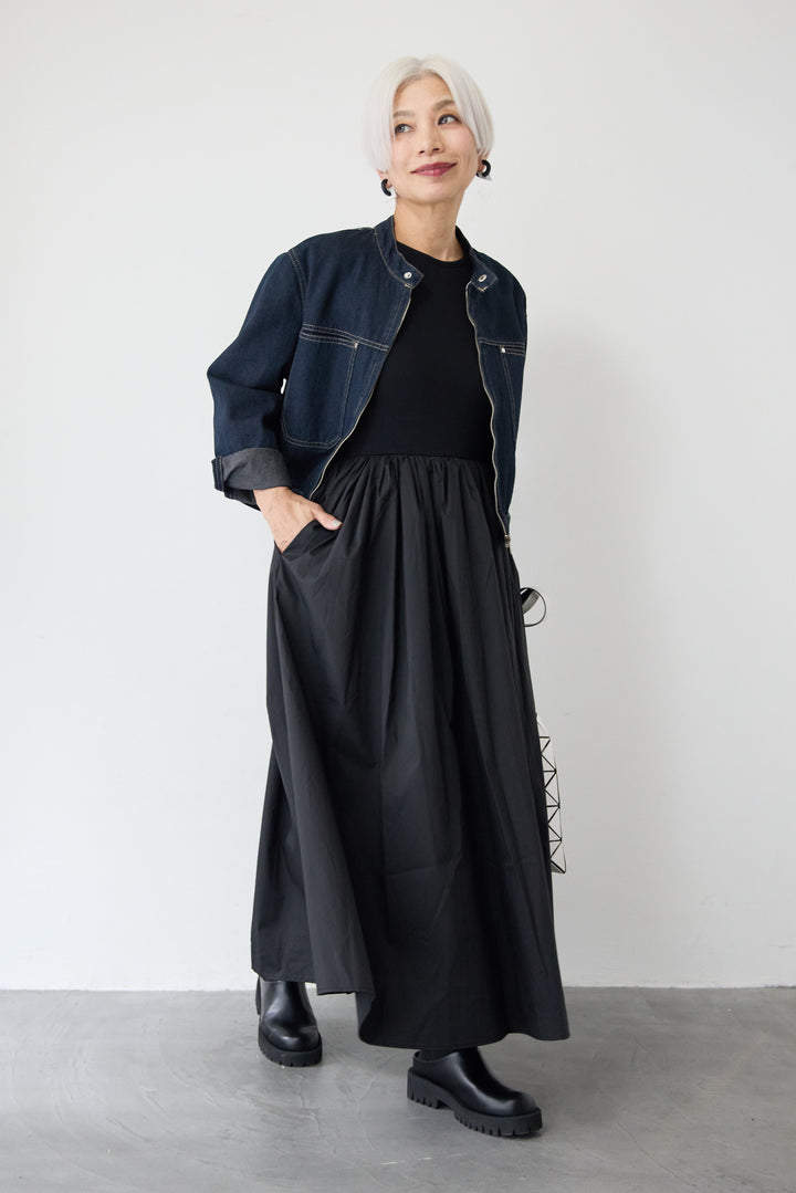 [SET]デニムシングルライダース+布帛ドッキングノースリーブワンピース(2set)