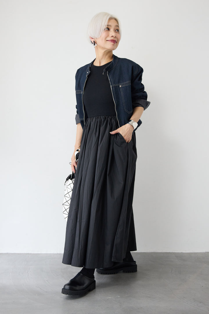 [SET]デニムシングルライダース+布帛ドッキングノースリーブワンピース(2set)