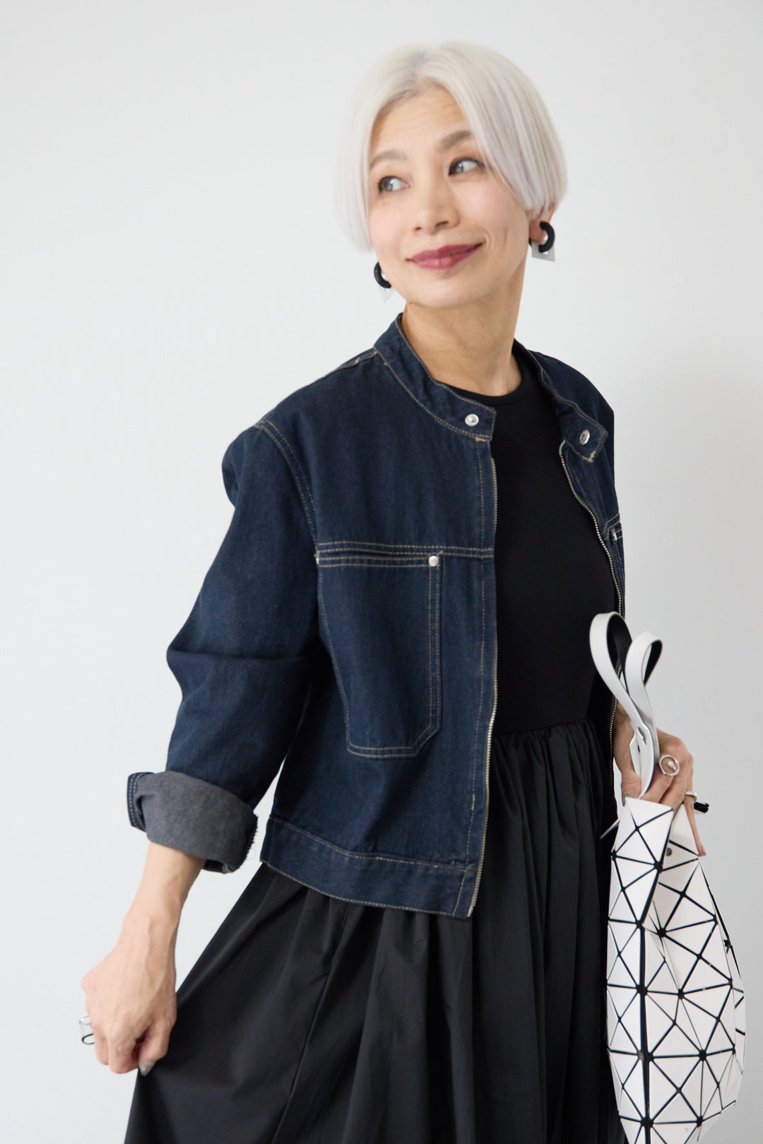 [SET]デニムシングルライダース+布帛ドッキングノースリーブワンピース(2set)