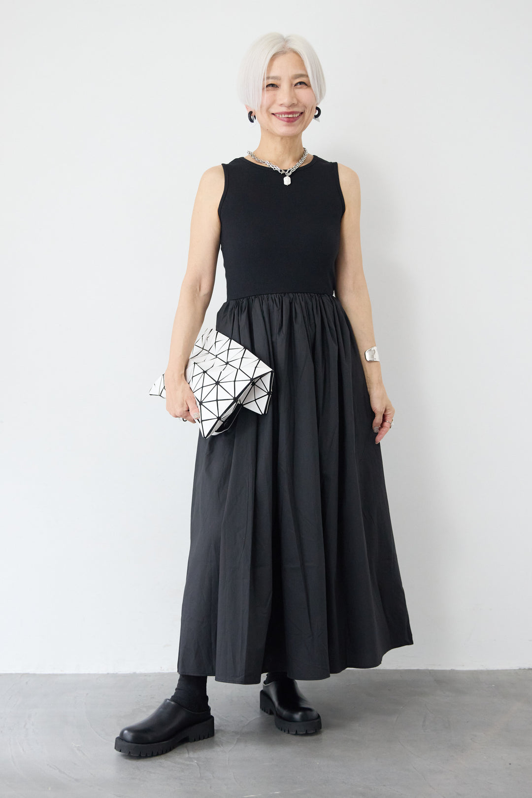 [SET]デニムシングルライダース+布帛ドッキングノースリーブワンピース(2set)