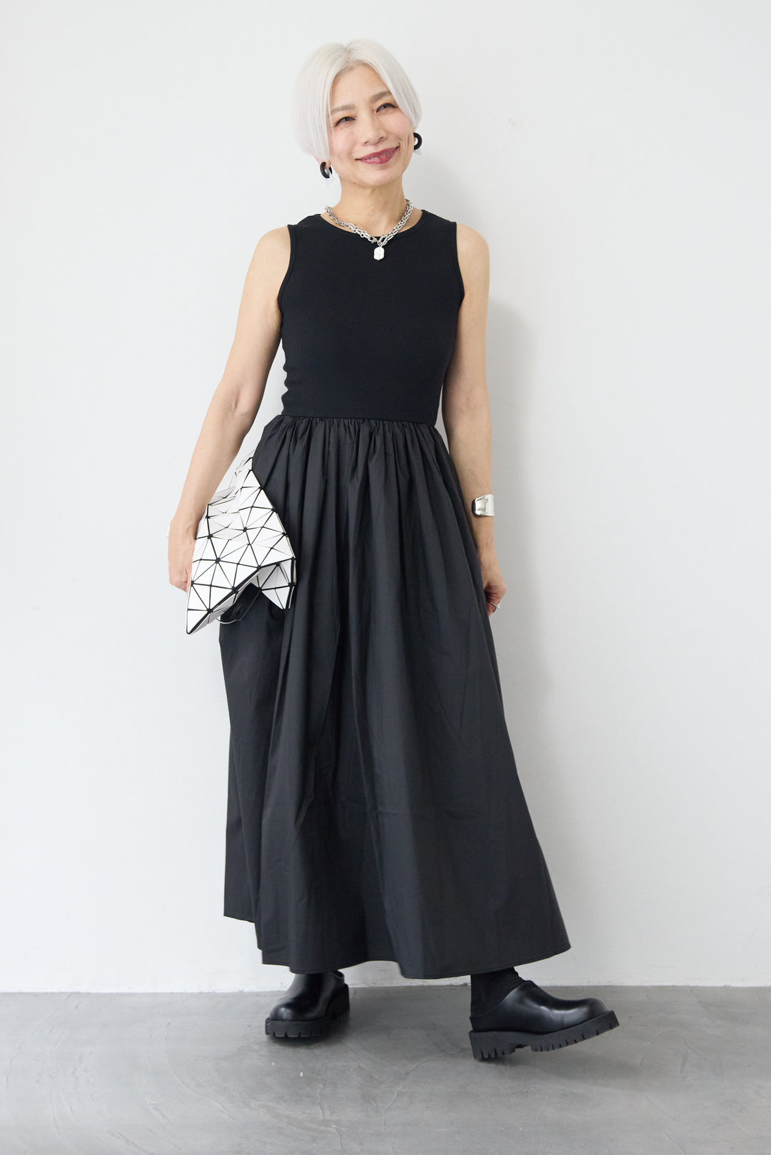 [SET]デニムシングルライダース+布帛ドッキングノースリーブワンピース(2set)