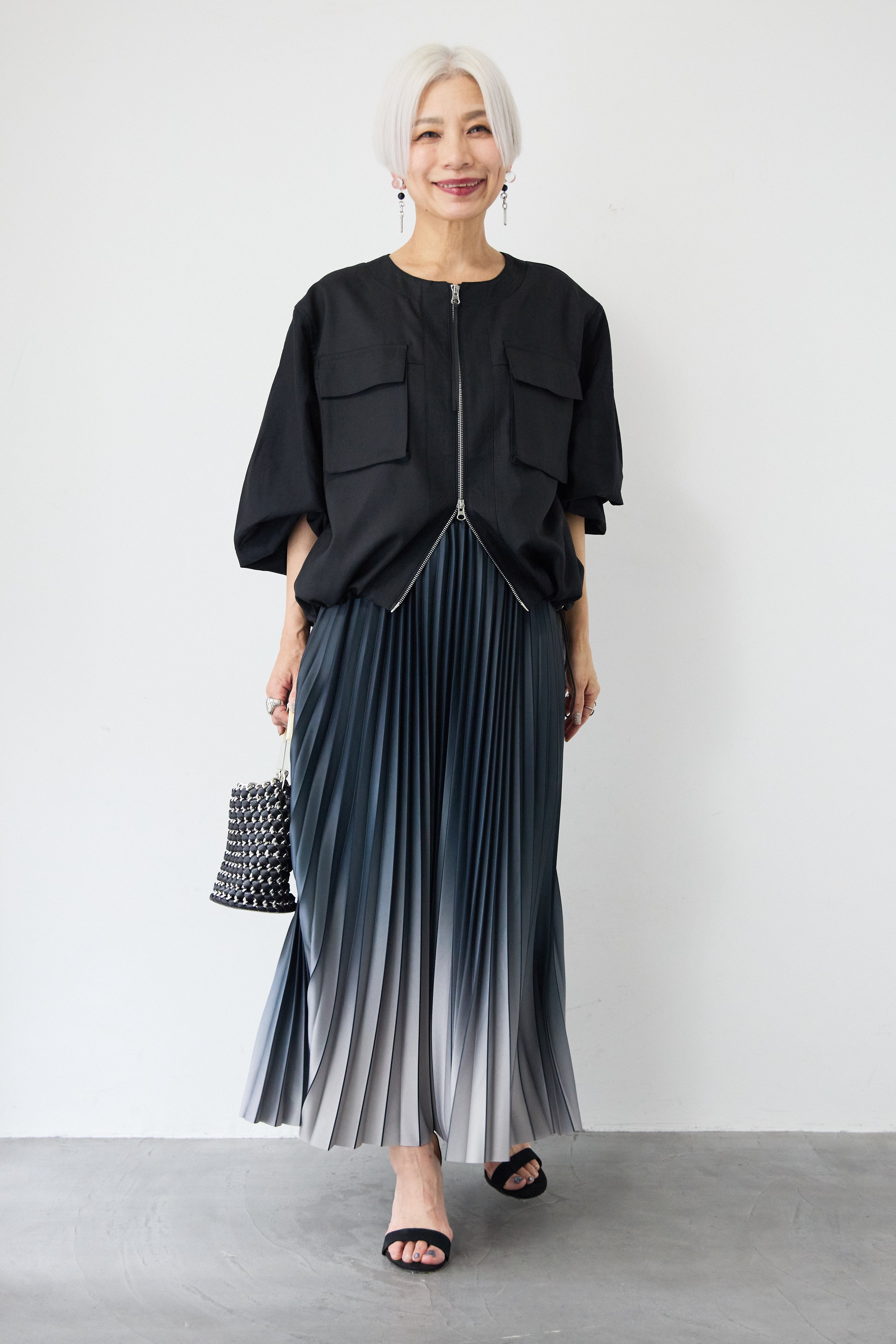 SET]リネンタッチブルゾン+グラデーションロングプリーツスカート(2set