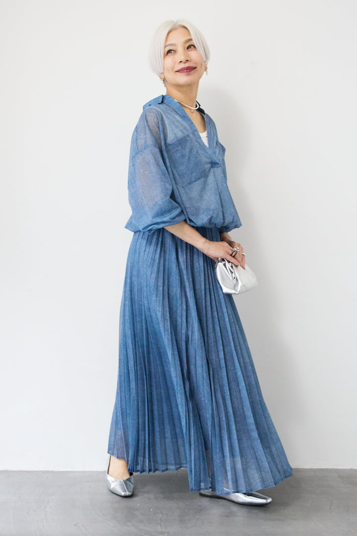 [SET]シアーデニムスキッパーシャツ+シアーデニムプリーツスカート(2set)