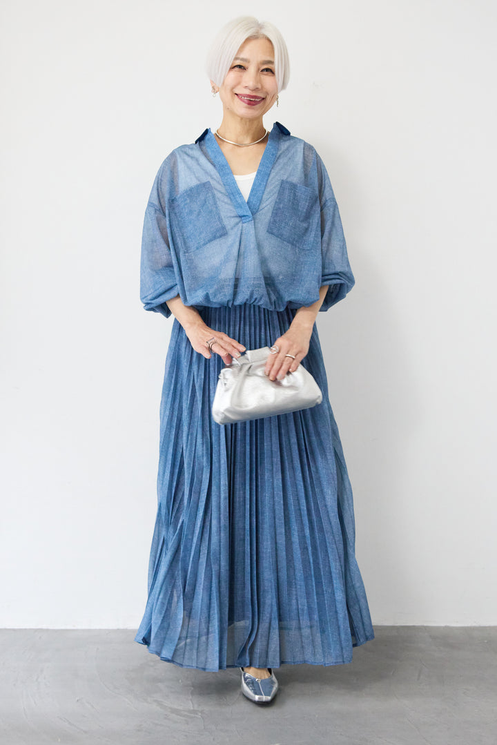 [SET]シアーデニムスキッパーシャツ+シアーデニムプリーツスカート(2set)