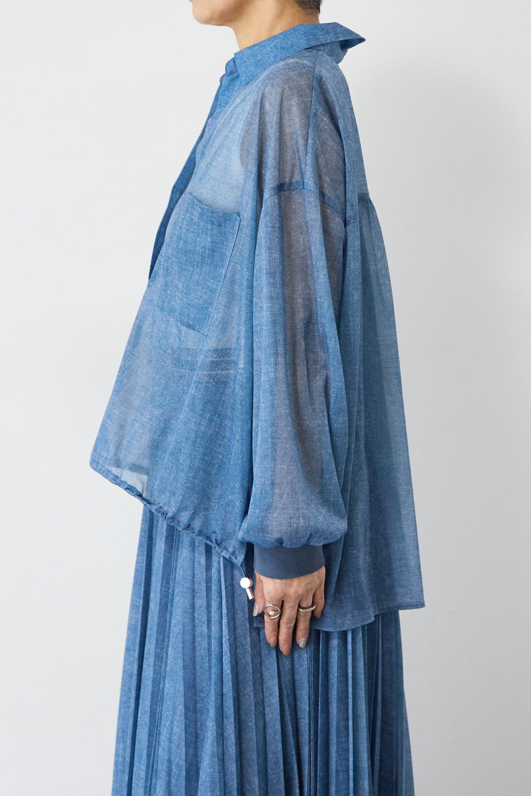 [SET]シアーデニムスキッパーシャツ+シアーデニムプリーツスカート(2set)