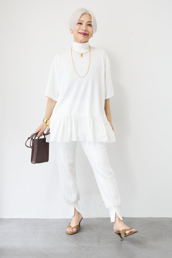 [SET]布帛ペプラム切替モックネックカットソー+ライトダンボールジョガーパンツ(2set)